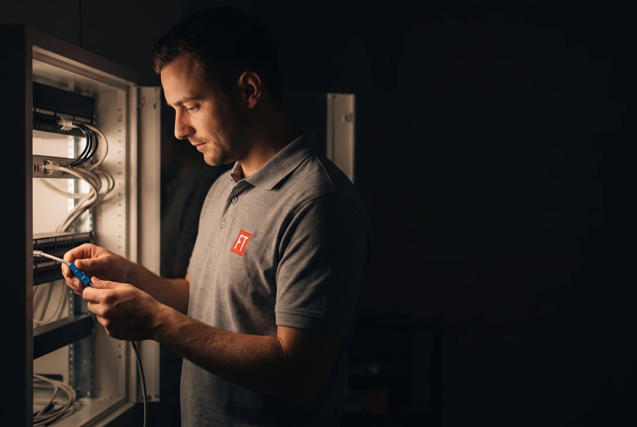 Techniker der FT Sicherheitstechnik konfektioniert ein Netzwerkkabel am Verteilerschrank