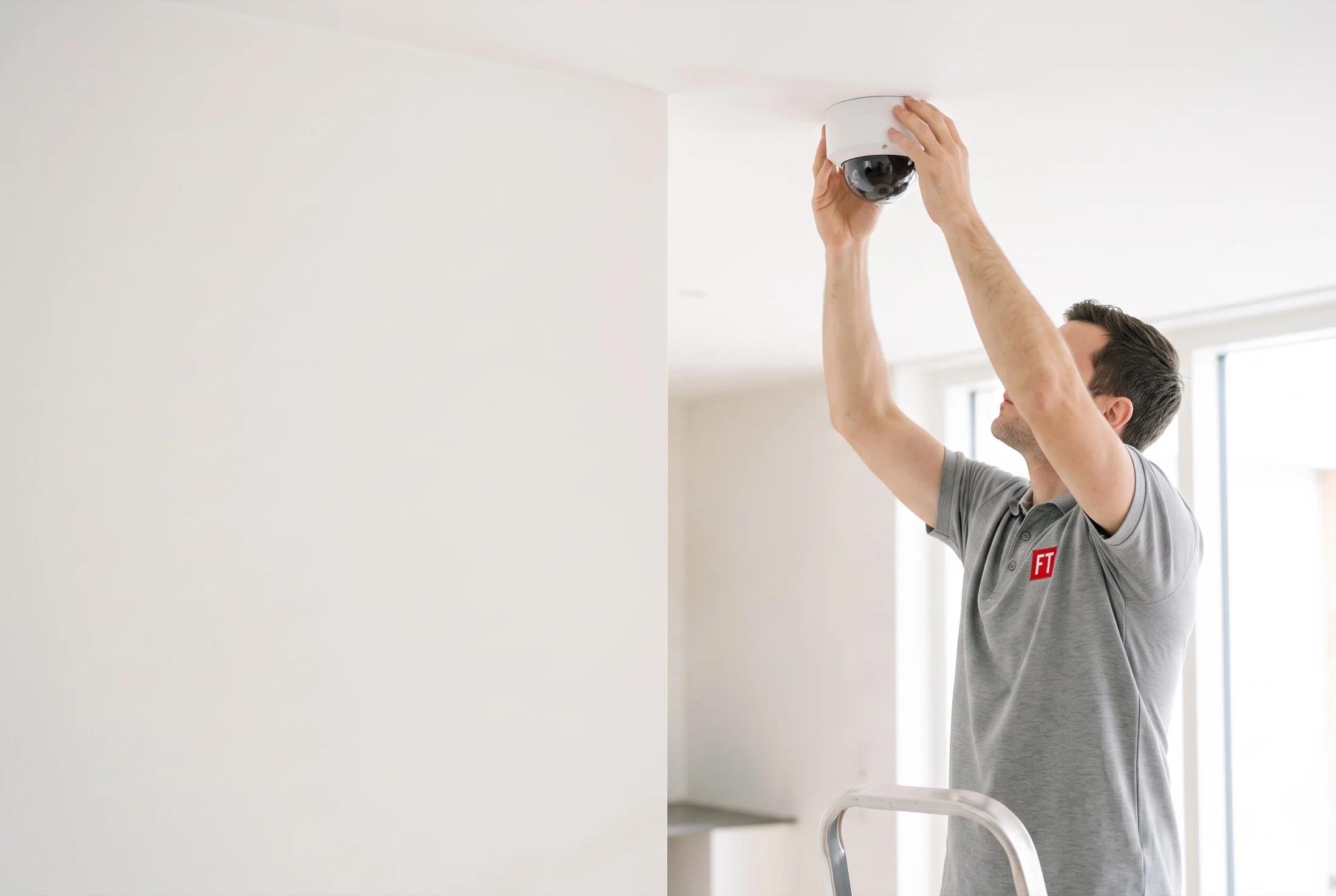 Techniker der FT Sicherheitstechnik montiert eine FTronics Dome-Kamera an einer hellen Wand